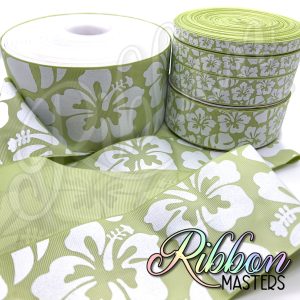 Lime Juice Hibiscus Ink and Glitter Flowers RTS Wholesale DOUBLE Sided Ribbon