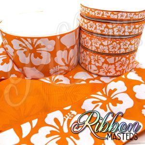Tangerine Hibiscus Ink and Glitter Flowers RTS Wholesale DOUBLE Sided Ribbon