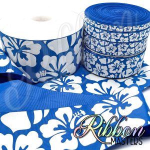 Batik Blue Hibiscus Ink and Glitter Flowers RTS Wholesale DOUBLE Sided Ribbon