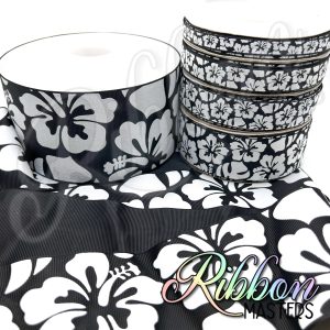 Black Hibiscus Ink and Glitter Flowers RTS Wholesale DOUBLE Sided Ribbon