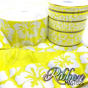 Pistachio Yellow Hibiscus Ink and Glitter Flowers RTS Wholesale DOUBLE Sided Ribbon