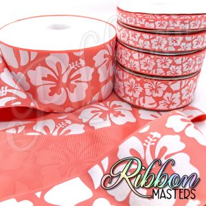 Light Coral Hibiscus Ink and Glitter Flowers RTS Wholesale DOUBLE Sided Ribbon