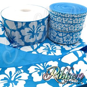 Island Blue Hibiscus Ink and Glitter Flowers RTS Wholesale DOUBLE Sided Ribbon