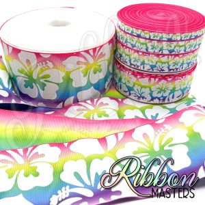 Rainbow Hibiscus Ink and Glitter Flowers RTS Wholesale DOUBLE Sided Ribbon