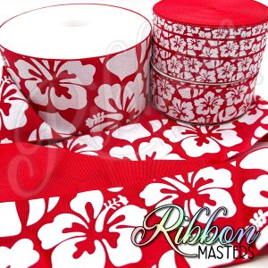 Red Hibiscus Ink and Glitter Flowers RTS Wholesale DOUBLE Sided Ribbon