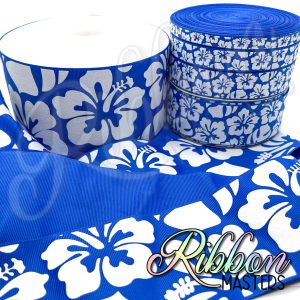 Royal Blue Hibiscus Ink and Glitter Flowers RTS Wholesale DOUBLE Sided Ribbon